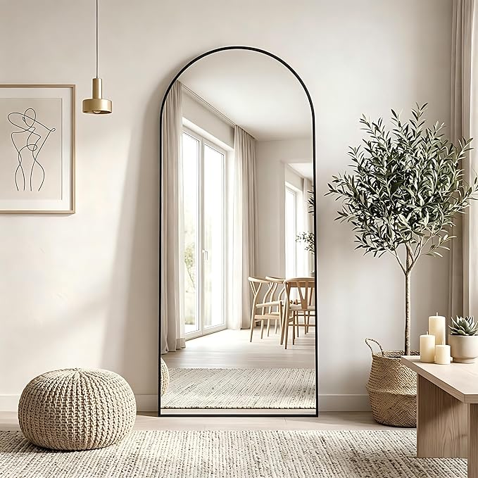 MISSDAY 64"x24" Arched Full Length Mirror, Full Body Mirror with Stand, Floor Mirror Long Free Standing, Leaning or Hanging, Aluminum Thin Frame Wall-Mounted Mirrors Wall Mirrors for Bedroom, Black