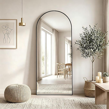 MISSDAY 64"x24" Arched Full Length Mirror, Full Body Mirror with Stand, Floor Mirror Long Free Standing, Leaning or Hanging, Aluminum Thin Frame Wall-Mounted Mirrors Wall Mirrors for Bedroom, Black