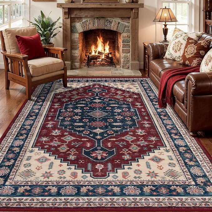 Tangsoo Boho 4x6 Rug for Living Room,Washable Indoor Area Rug,Non-Slip Low Pile Carpet Soft Vintage Decor Mat for Front Porch Dining Room Patio Bedroom Office,Deep Red