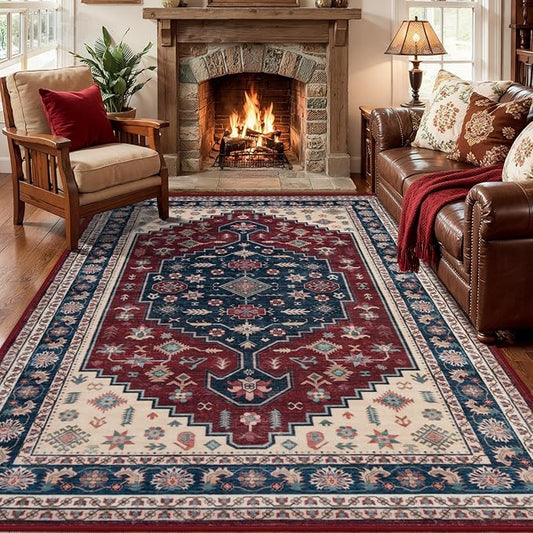 Tangsoo Boho 4x6 Rug for Living Room,Washable Indoor Area Rug,Non-Slip Low Pile Carpet Soft Vintage Decor Mat for Front Porch Dining Room Patio Bedroom Office,Deep Red