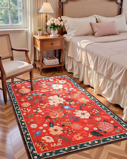 Macgace 4x6 Floral Rug for Girls Bedroom, Machine Washable Area Rugs with Non Slip Backingfor Living Room, Cute Flowers Carpet Kitchen Dining Room Kids Playroom Decor, Christmas Red