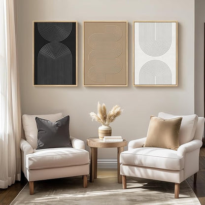3D Textured Framed Boho Neutral Abstract Wall Art for Bedroom Decor, 3 Piece Modern Artwork for Walls, Black White Brown Minimalist Geometric Paintings for Living Room, Dining Room Wall Decor 16x24 In