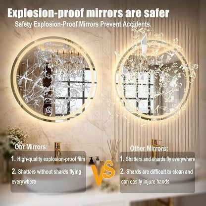 LTFUUAI 28" Round LED Bathroom Mirror with Lights, Smart Touch 3-Color Dimming Lighted Vanity Mirror Wall Mounted, Anti-Fog Shatterproof with Front & Back Light, for Bathroom Vanity (28" L x 28" W)