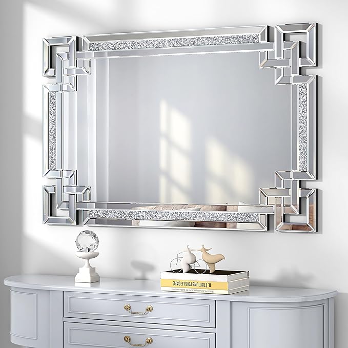 Crystal Crush Diamond Mirror-30 x47 Silver Mirror, Gorgeous Wall Mirror, Rectangle Mirrors for Wall Bathroom, Bedroom, Dining Room and Living Room