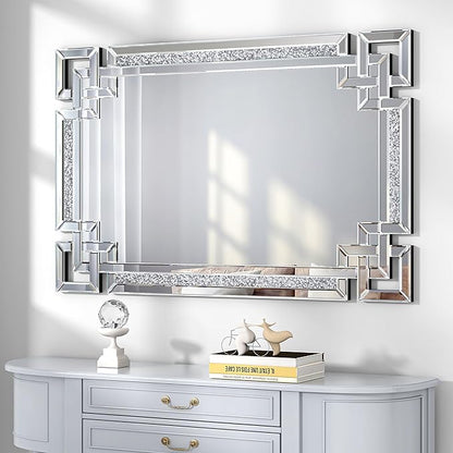 Crystal Crush Diamond Mirror-30 x47 Silver Mirror, Gorgeous Wall Mirror, Rectangle Mirrors for Wall Bathroom, Bedroom, Dining Room and Living Room