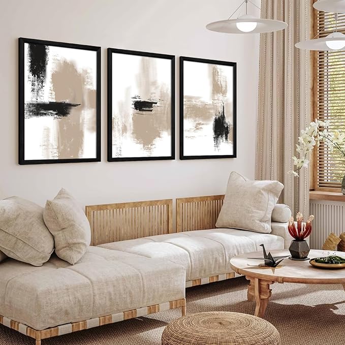 Joocrise Beige Abstract Wall Art Painting Set of 3 Neutral Canvas Wall Art Prints Black Beige Modern Wall Decor Minimalist Art Pictures Abstract Modern Artwork for Room Bedroom 12x16 Inch Wood Framed