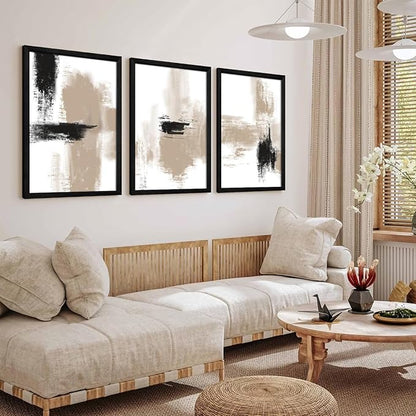 Joocrise Beige Abstract Wall Art Painting Set of 3 Neutral Canvas Wall Art Prints Black Beige Modern Wall Decor Minimalist Art Pictures Abstract Modern Artwork for Room Bedroom 16x24 Inch Wood Framed