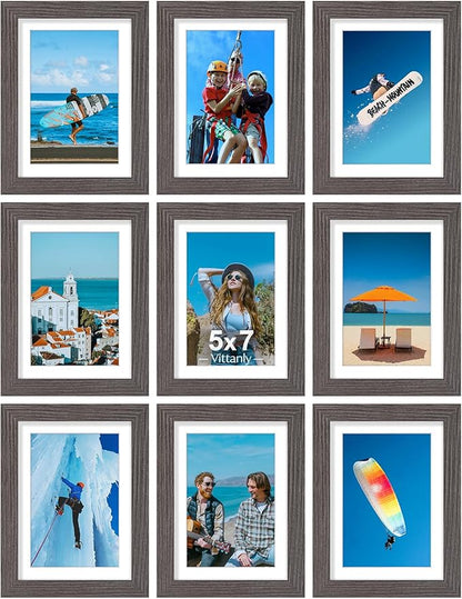 Vittanly 5x7 Picture Frames Set of 9, Display 4x6 Pictures with Mat or 5x7 without Mat, Photo Frames for Wall or Tabletop with Plexiglass, Engineered Wood, Dark Grey