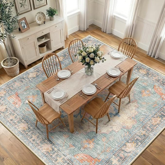 RELEANY Area Rugs Square 10ft Washable Non-Slip, Floral Vintage Distress Print Pattern Medallion Carpet for Living Room Bedroom Dining Room, Blue Orange Red