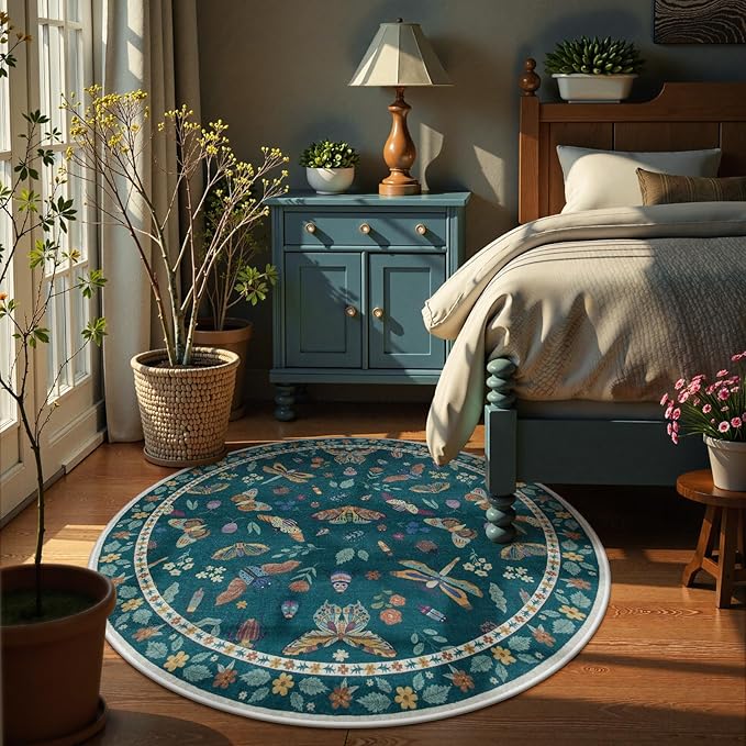 Lahome Insect Washable Round Rugs, Non-Slip Soft Round Rug 4ft Ultra-Thin, Small Boho Circle Carpet for Entryway Kitchen Bedroom Nursery Bathroom Vionnet, Dark Green