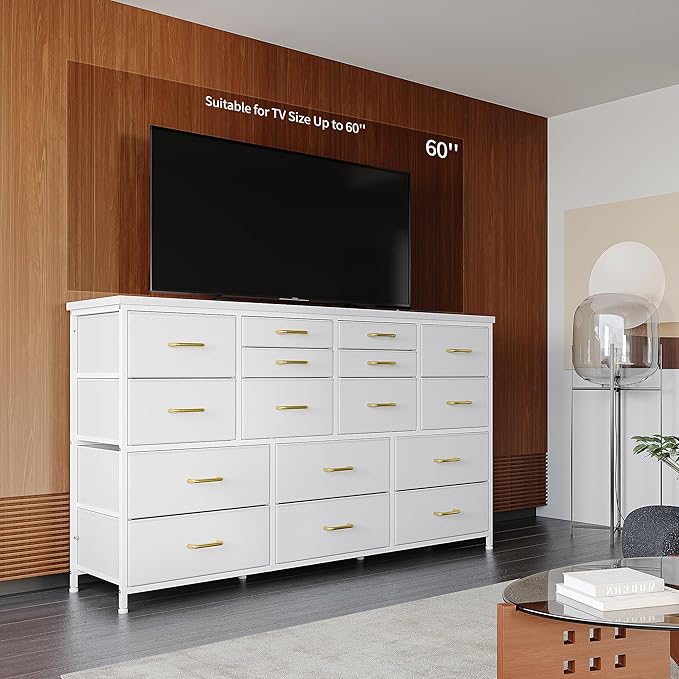 16 Drawers Long Dresser for Bedroom, 51"W Dressers with Power Outlets for 60"Inch TV for Living Room, Entertainment Center with Storage, Media TV Stand Console Table 51.1''W*11.8''D*34.8''H, White