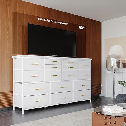 16 Drawers Long Dresser for Bedroom, 51"W Dressers with Power Outlets for 60"Inch TV for Living Room, Entertainment Center with Storage, Media TV Stand Console Table 51.1''W*11.8''D*34.8''H, White