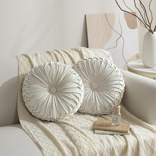 HIG Set of 2 Decorative Round Pleated Throw Pillows,Classy Accent Pumpkin Throw Pillows with Center Button,Vintage Velvet Floor Pillows for Sofa Vanity Chair Bed, Beige,14.5" Diameter(Ripple)
