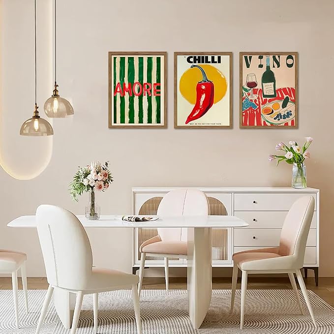 Framed Kitchen Wall Art Set of 3, Abstract Table Food Kitchen Wall Decor, Chilli Pictures Prints Artwork, Vintage Dining Room Canvas Painting, Modern Kitchen Home Decoration – 12x16 inch