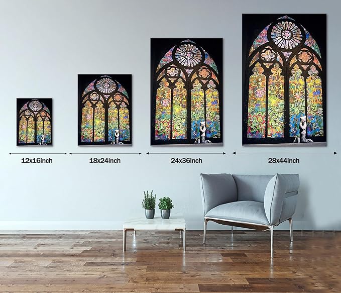 Stained Glass Church Graffiti Wall Art Praying Boy In Cathedral Canvas Picture Art Print Poster and Print Wall Decor for Living Room Modern Home Decor Framed Easy to Hang(12''W x 16''H)
