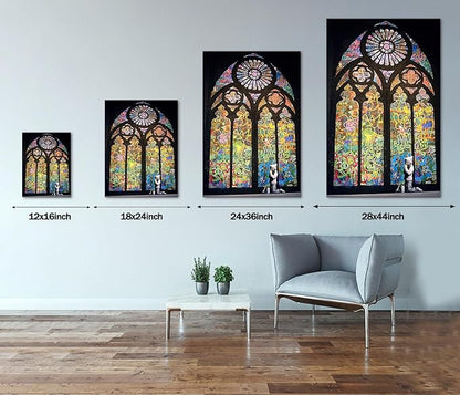 Stained Glass Church Graffiti Wall Art Praying Boy In Cathedral Canvas Picture Art Print Poster and Print Wall Decor for Living Room Modern Home Decor Framed Easy to Hang(12''W x 16''H)