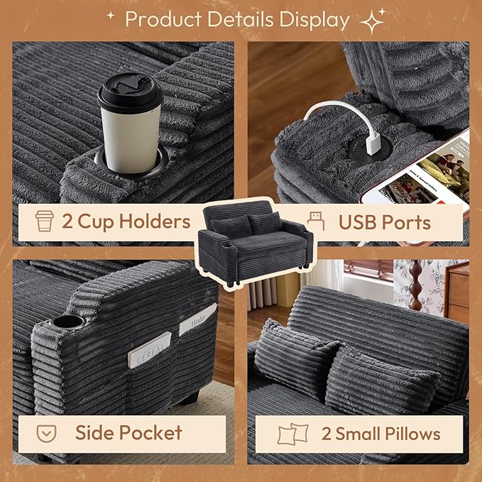 VINGLI Dark Gray Futon Sofa Bed Convertible Loveseat Sleeper Sofa Couch, Corduroy Pullout Sofa Fold Out Couch Bed with USB Ports, Cup Holders, Armrest for Living Room, Bedroom Apartment Room | Lovesest Sleeper