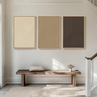 Large 3D Textured Framed Boho Neutral Abstract Wall Art for Living Room, 3 Piece Modern Artwork for Walls, Minimalist Beige Brown Tan Geometric Paintings for Hallway, Stair, Office Wall Decor 24x36 In