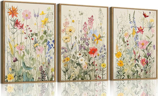 KISSFOX 3 Piece Watercolor Wildflower Botanical Framed Wall Art Colorful Floral Canvas Art Prints Boho Flower Pictures Wall Decor Modern Minimalism Paintings Artwork Girls Bedroom Living Room Bathroom