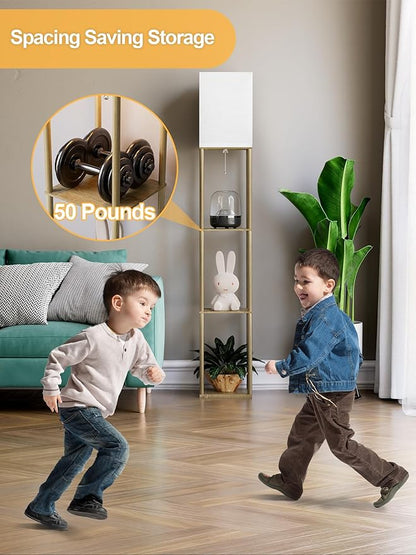 PARTPHONER Floor Lamp with Shelves for Living Room Natural Wood 2 Pack, Shelf Floor Lamp with 3 CCT LED Bulb, Corner Display Standing Column Lamp Etagere Organizer Tower Nightstand for Bedroom Office