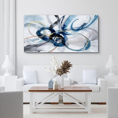 yiijeah Modern Large Abstract Wall Art - Bright and Bold Line Design - Blue and White Canvas Picture Artwork Wall art for living room and office Oversized Abstract wall Decor