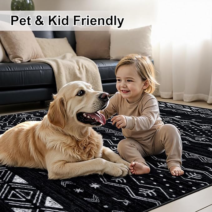 SERISSA 5x7 Area Rugs for Living Room, Washable Non-Slip Black and White Boho Rug, Soft Low-Pile Geometric Indoor Large Carpet for Dining Room Bedroom Home Office Playroom