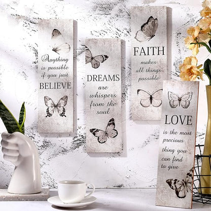 Qunclay 4 Pcs Butterfly Wall Decor Wooden Bathroom Sign Believe Faith Dream Love Inspirational Quote Wooden Rustic Art Accessories Butterfly Wood Decor 11 x 4 Inch for Home Wall Bathroom Bedroom