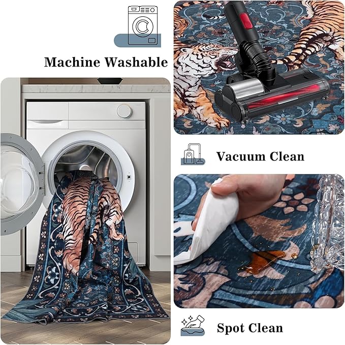 Tiger Washable Area Rugs 5x7Ft, Boho Jungle Living Room Rugs, Soft Botanical Animal Print Bedroom Nursery Area Floor Carpets for Dining Room Dorm Study Kids Playroom Farmhouse Office, Blue