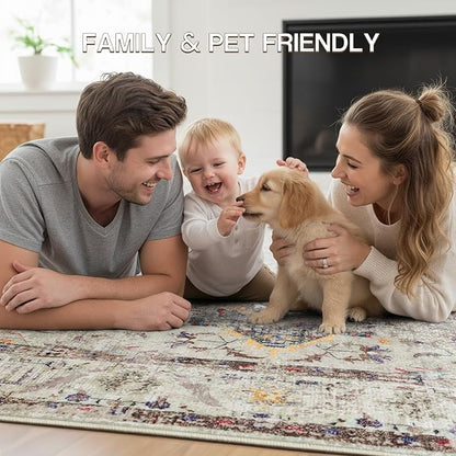 YOH Boho Washable Rug 6x9, Vintage Multi Non Slip Area Rug, Distressed Indoor Carpet for Living Room Bedroom Kitchen Office
