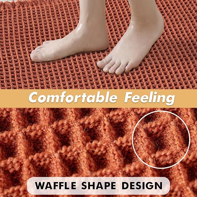 MIULEE Orange Set of 2 Waffle Bathroom Rugs, Boho Bath Rugs Non Slip Washable, Super Absorbent Bath Mats, Ultra Soft Rubber Backed Shower Mats for Bathroom Floor, Tub and Shower, 20x32 Inch