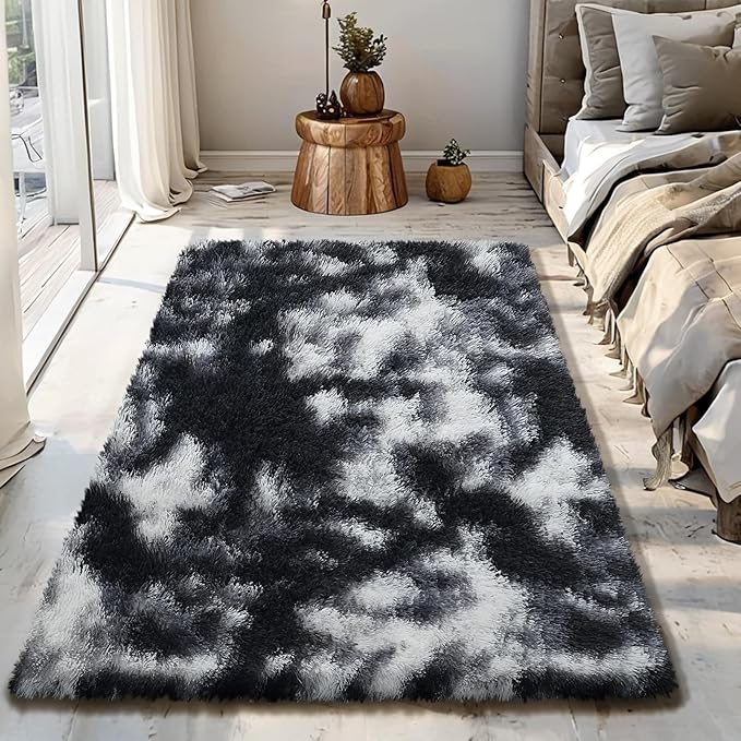 Fluffy Rug Shag Area Rug, Mottling Black 3x5 Area Rugs for Bedroom, Small Bedside Rug, Soft Fluffy Shag Entryway Throw Rugs for Living Room Bedroom Kids Room Home Decor