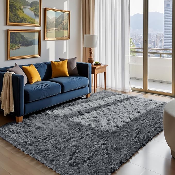 Fluffy Rug Shag Area Rug, Grey 5x8 Area Rugs for Bedroom, Small Bedside Rug, Soft Fluffy Shag Entryway Throw Rugs for Living Room Bedroom Kids Room Home Decor