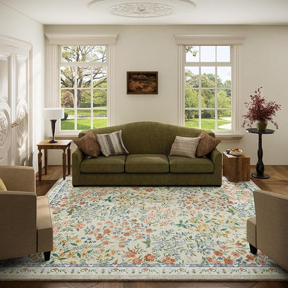 Machine Washable Rugs for Living Room: 8x10 Area Rugs for Bedroom Vintage Stain Resistant Non Slip Low Pile Lightweight Soft Carpet for Kitchen Dining Room Farmhouse Kids Room Nursery Playroom
