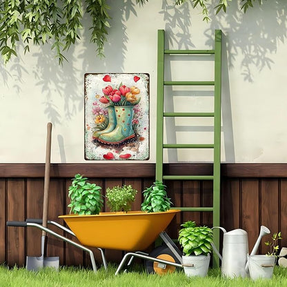 Garden Vintage Metal Sign Watercolor Flower Shoes Wall Art Rustic Metal Plaque for Home Yard Gate Garage Garden Decoration 12x16inch