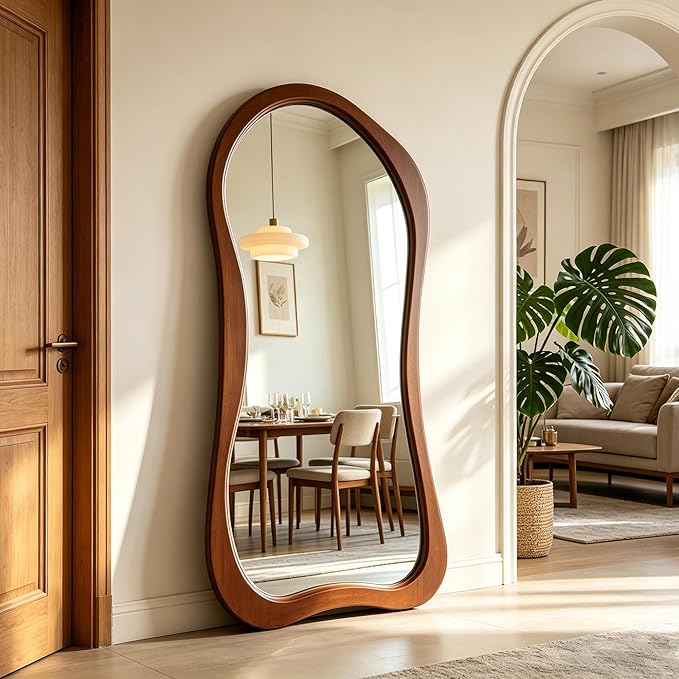 Large Irregular Mirror, 63"x30" Asymmetrical Aesthetic Mirrors with Solid Wood Frame, Premium Organic Shape Floor Mirror for Living Room Entryway Hallway Bedroom Cloakroom, Leaning/Hanging