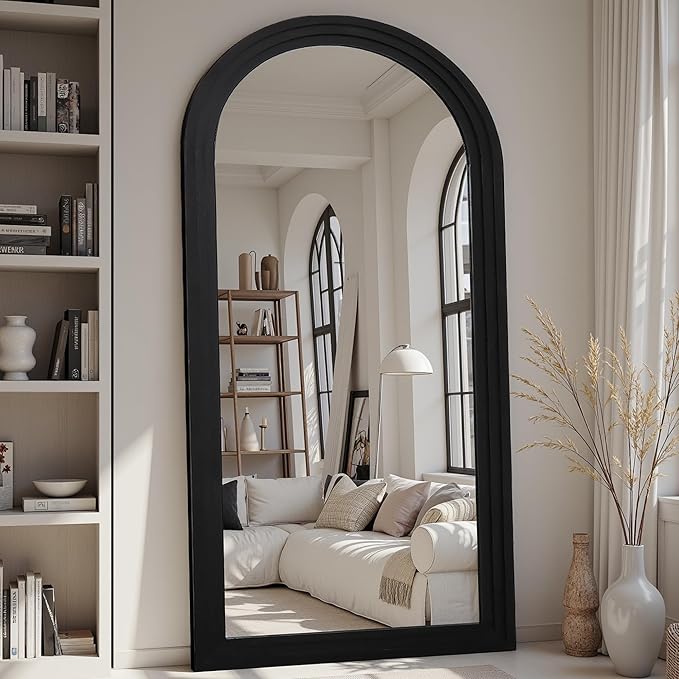 Full Length Mirror, 81"x41" Wooden Mirror Full Length with Stand Wood Floor Mirror, Oversized Stand Up Mirrors Large Wall Mirrors, Wall Mounted Mirrors, Arched Wood Style, Black