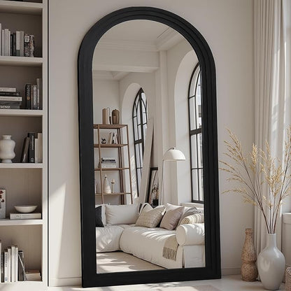Full Length Mirror, 81"x41" Wooden Mirror Full Length with Stand Wood Floor Mirror, Oversized Stand Up Mirrors Large Wall Mirrors, Wall Mounted Mirrors, Arched Wood Style, Black