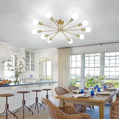Semi Flush Mount Ceiling Light Fixture, 10-Light Modern Gold Sputnik Chandelier Industrial Ceiling Lamp for Kitchen Dining Room Living Room Bedroom Foyer