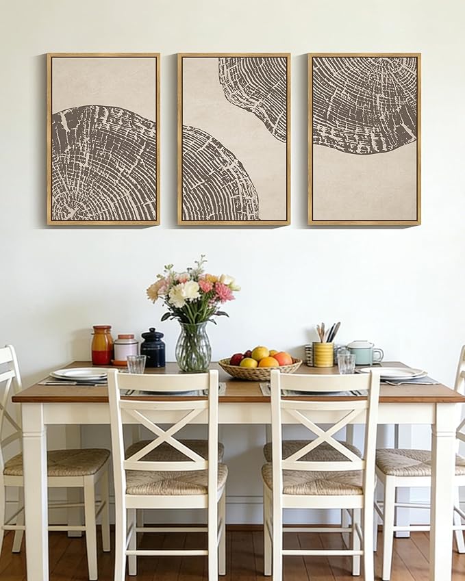 PHOPAGO Farmhouse Vintage Framed Wall Art Large 16x24in Set Gray Wood Tree Ring Spirals Nature Abstract Drawings Rustic Modern Art Decor for Living Room Bedroom - Natural Framed