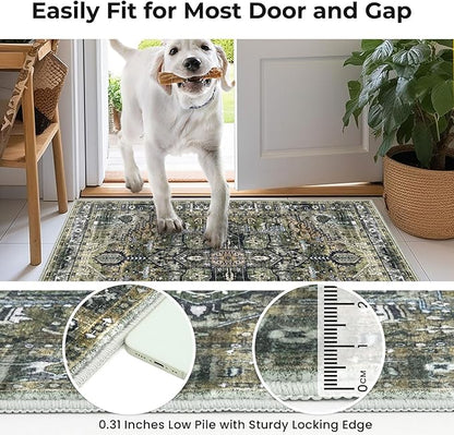 KOZYFLY Runners for Hallways 2x6 Ft Washable Kitchen Runner Rug Boho Runner Rug for Entryway Indoor Printed Oriental Faux Wool Floor Carpet Runner for Bedroom Kitchen Hall, Moss Green/Olive Grove