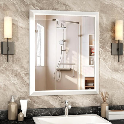 SMIROR Matte White Bathroom Mirror for Over Sink, 36”x 30” Metal Thick Framed Rectangle Vanity Mirror for Wall, Right Angle Corner, Anti-Rust, Horizontally or Vertically Mounted