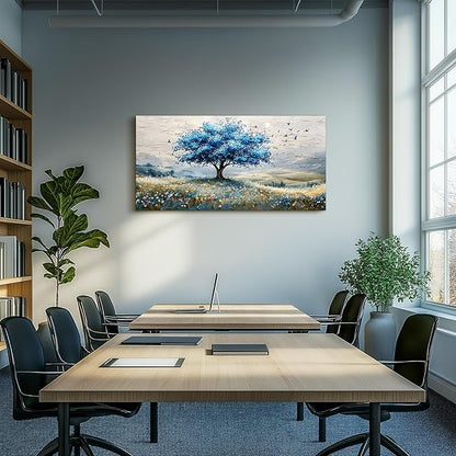 SERIMINO Tree of Life Large Wall Art, Country Landscape Canvas Art Prints, Blue Tree Nature Artwork for Walls, Modern Wall Pictures for Living Room Bedroom Dining Room, Rustic Farmhouse Decor 24"X48"