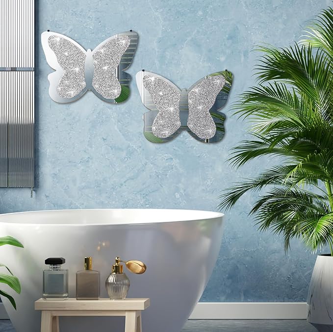 Vesici 2 Pieces Butterfly Shaped Mirror Crystal Crushed Diamond Silver Mirror Silver Wall Decor for Living Room Modern Decorative Artwork for Nursery Wedding Decor(19.69 x 14.57 Inch)