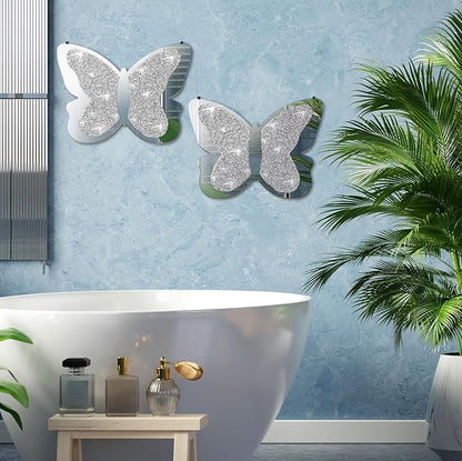 Vesici 2 Pieces Butterfly Shaped Mirror Crystal Crushed Diamond Silver Mirror Silver Wall Decor for Living Room Modern Decorative Artwork for Nursery Wedding Decor(19.69 x 14.57 Inch)