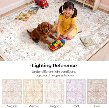 CAPALOCA Machine Washable Rugs Nursery Rug 6x9 Cute Girl Non Slip Low Pile Water Repellent Soft Print Pattern for Bedroom Indoor Decor Kids Playroom Pink
