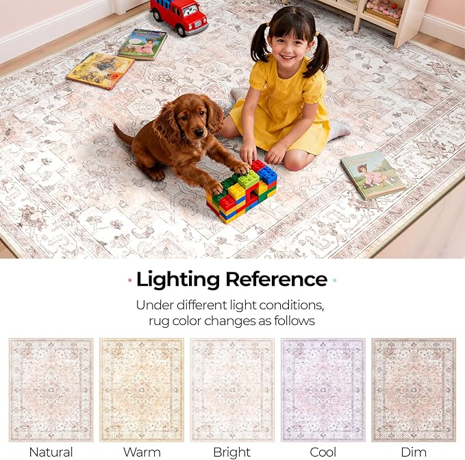 CAPALOCA Machine Washable Rugs Nursery Rug 8x10 Cute Girl Non Slip Low Pile Water Repellent Soft Print Pattern for Bedroom Indoor Decor Kids Playroom Pink