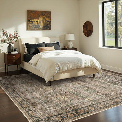 Rugxara Brown 5x7 Area Rugs for Living Room Bedroom, Large Washable Rug, Vintage Retro Boho Rug, Non Slip & Low Pile Faux Wool Thin Carpet for Indoor Dining Room and Kids Room(Charcoal/Olive 5x7ft)