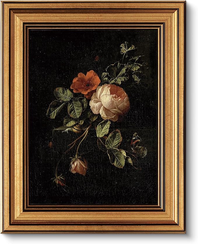 VIYYIEA Vintage Gold Framed Floral Wall Art, Dark Botanical Academia Moody Canvas Decor, Aesthetic Classical Roses Still Life Pictures, Victorian Picture Wall Decor for Gallery Bathroom Bedroom, 8x10inch