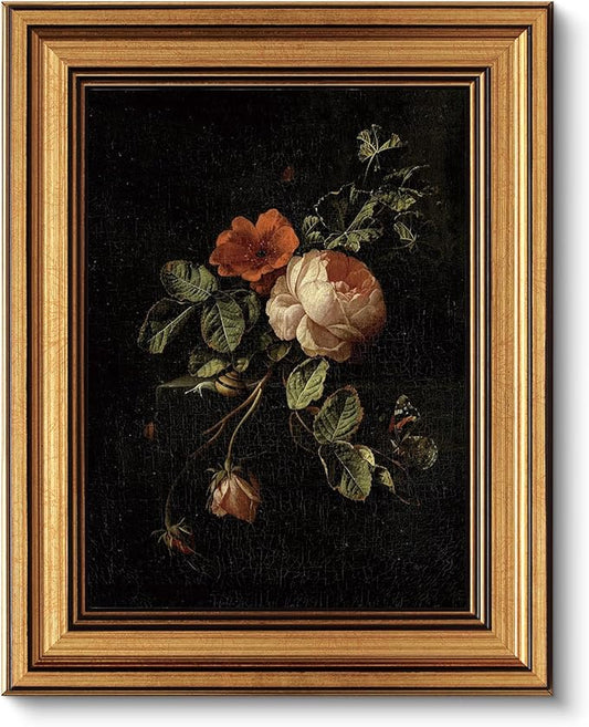 VIYYIEA Vintage Gold Framed Floral Wall Art, Dark Botanical Academia Moody Canvas Decor, Aesthetic Classical Roses Still Life Pictures, Victorian Picture Wall Decor for Gallery Bathroom Bedroom, 8x10inch