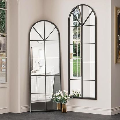 OGCAU Full Length Arched Floor Mirror, 65"x22" Window Pane Design, Decorative Hanging or Leaning, Full Body with Iron Frame for Bedroom Living Room (Black)